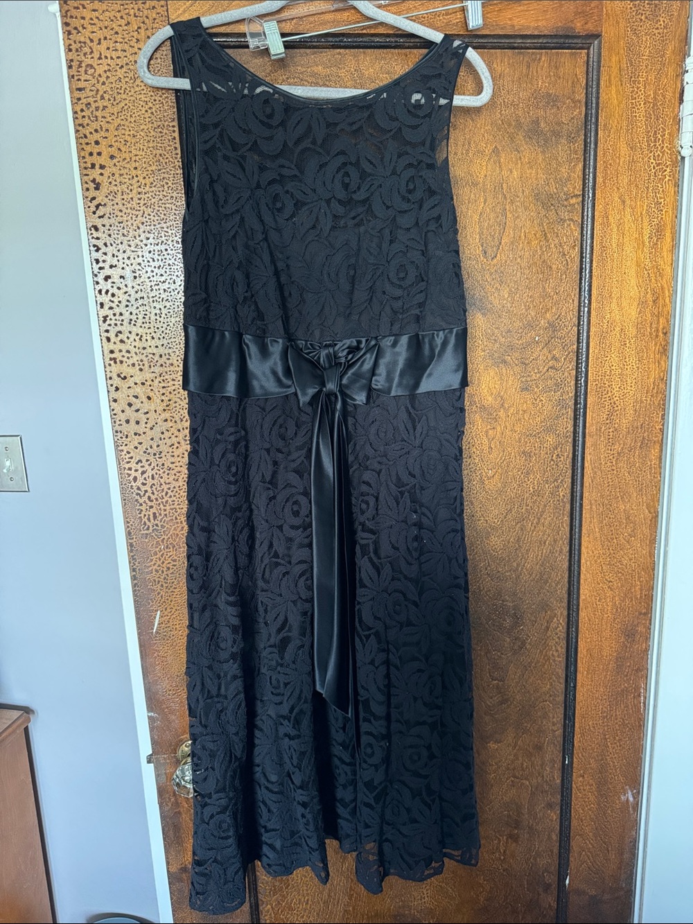 Adrianna Papell Black Floral Lace Midi Dress with Satin Waist Tie